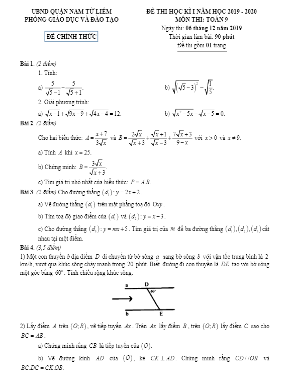 Đề thi học kì 1 (HK1) lớp 9 môn Toán năm 2019 2020 phòng GD ĐT Nam Từ Liêm Hà Nội