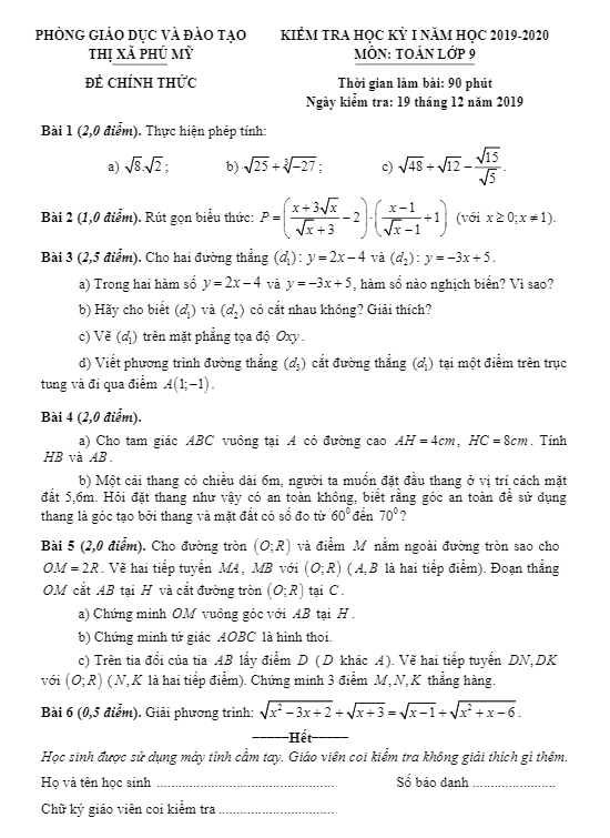 Đề thi học kì 1 (HK1) lớp 9 môn Toán năm 2019 2020 phòng GD ĐT Phú Mỹ BR VT