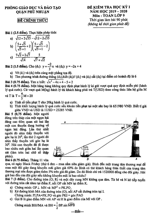 Đề thi học kì 1 (HK1) lớp 9 môn Toán năm 2019 2020 phòng GD ĐT Phú Nhuận TP HCM