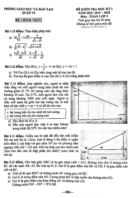 Đề thi học kì 1 (HK1) lớp 9 môn Toán năm 2019 2020 phòng GD ĐT Quận 10 TP HCM