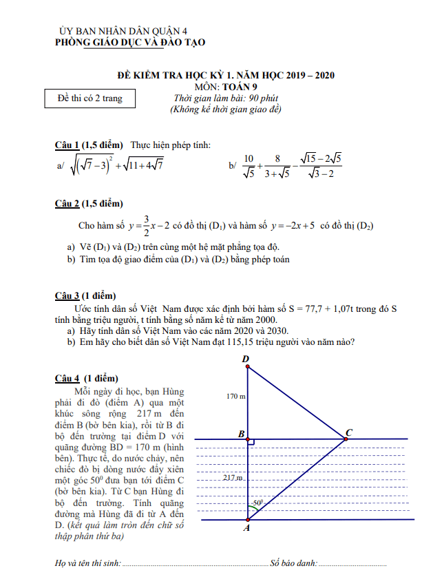 Đề thi học kì 1 (HK1) lớp 9 môn Toán năm 2019 2020 phòng GD ĐT Quận 4 TP HCM
