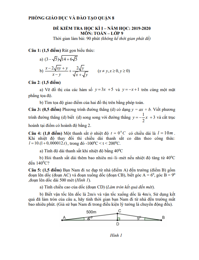 Đề thi học kì 1 (HK1) lớp 9 môn Toán năm 2019 2020 phòng GD ĐT Quận 8 TP HCM