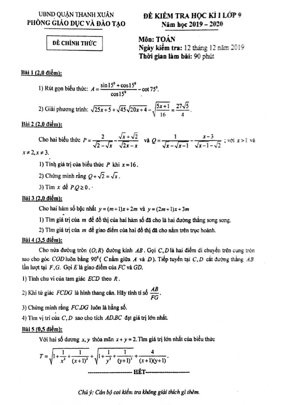 Đề thi học kì 1 (HK1) lớp 9 môn Toán năm 2019 2020 phòng GD ĐT Thanh Xuân Hà Nội