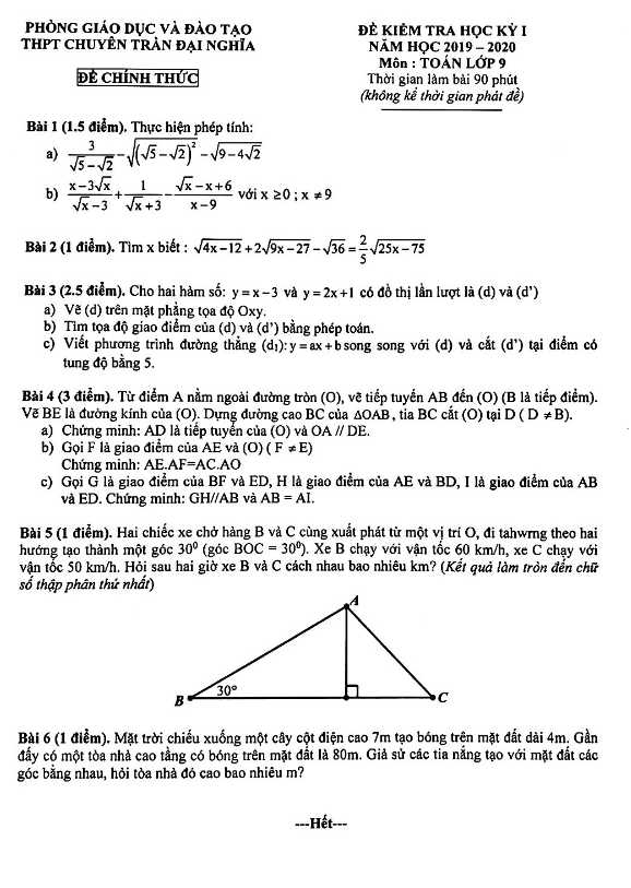 Đề thi học kì 1 (HK1) lớp 9 môn Toán năm 2019 2020 trường chuyên Trần Đại Nghĩa TP HCM