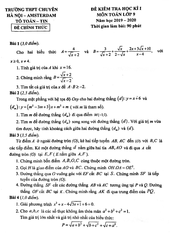 Đề thi học kì 1 (HK1) lớp 9 môn Toán năm 2019 2020 trường THPT chuyên Hà Nội Amsterdam