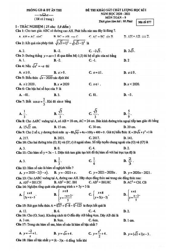 Đề thi học kì 1 (HK1) lớp 9 môn Toán năm 2020 2021 phòng GD ĐT Ân Thi Hưng Yên