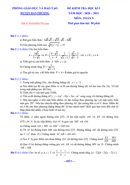 Đề thi học kì 1 (HK1) lớp 9 môn Toán năm 2020 2021 phòng GD ĐT Đan Phượng Hà Nội
