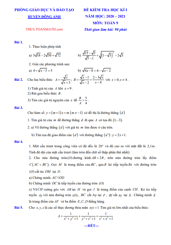 Đề thi học kì 1 (HK1) lớp 9 môn Toán năm 2020 2021 phòng GD ĐT Đông Anh Hà Nội