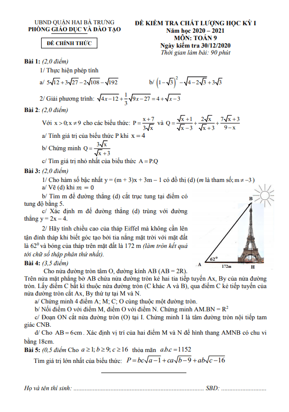 Đề thi học kì 1 (HK1) lớp 9 môn Toán năm 2020 2021 phòng GD ĐT Hai Bà Trưng Hà Nội