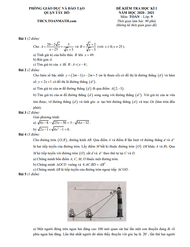 Đề thi học kì 1 (HK1) lớp 9 môn Toán năm 2020 2021 phòng GD ĐT Tây Hồ Hà Nội
