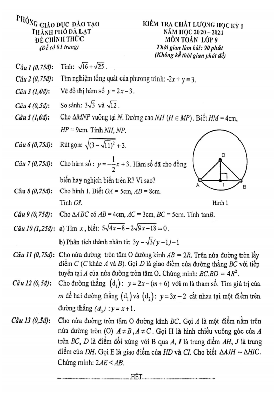 Đề thi học kì 1 (HK1) lớp 9 môn Toán năm 2020 2021 phòng GD ĐT TP Đà Lạt Lâm Đồng