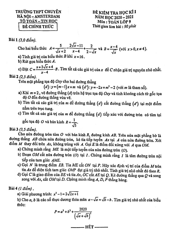 Đề thi học kì 1 (HK1) lớp 9 môn Toán năm 2020 2021 trường THPT chuyên Hà Nội Amsterdam