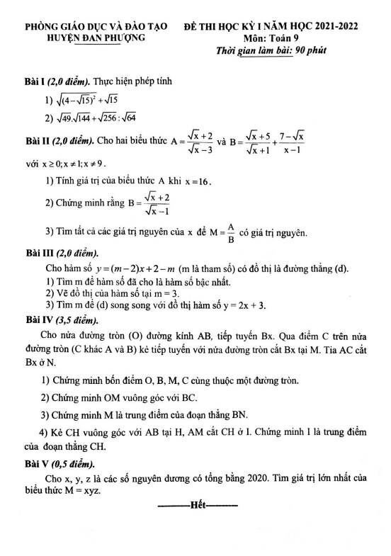 Đề thi học kì 1 (HK1) lớp 9 môn Toán năm 2021 2022 phòng GD ĐT Đan Phượng Hà Nội