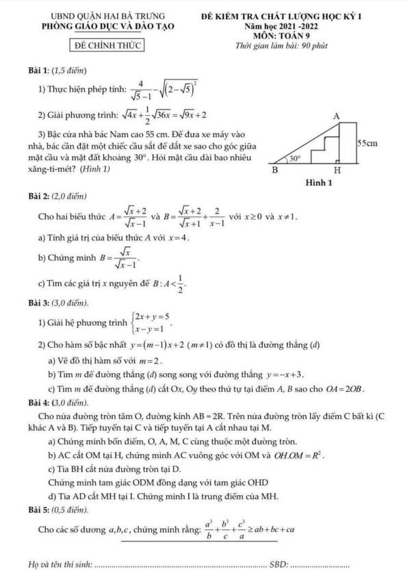 Đề thi học kì 1 (HK1) lớp 9 môn Toán năm 2021 2022 phòng GD ĐT Hai Bà Trưng Hà Nội