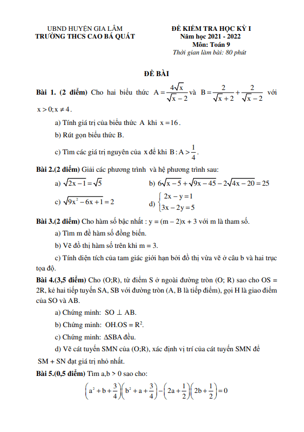 Đề thi học kì 1 (HK1) lớp 9 môn Toán năm 2021 2022 trường THCS Cao Bá Quát Hà Nội