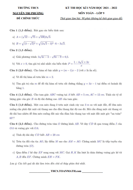 Đề thi học kì 1 (HK1) lớp 9 môn Toán năm 2021 2022 trường THCS Nguyễn Tri Phương TT Huế