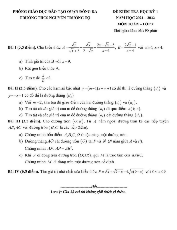 Đề thi học kì 1 (HK1) lớp 9 môn Toán năm 2021 2022 trường THCS Nguyễn Trường Tộ Hà Nội