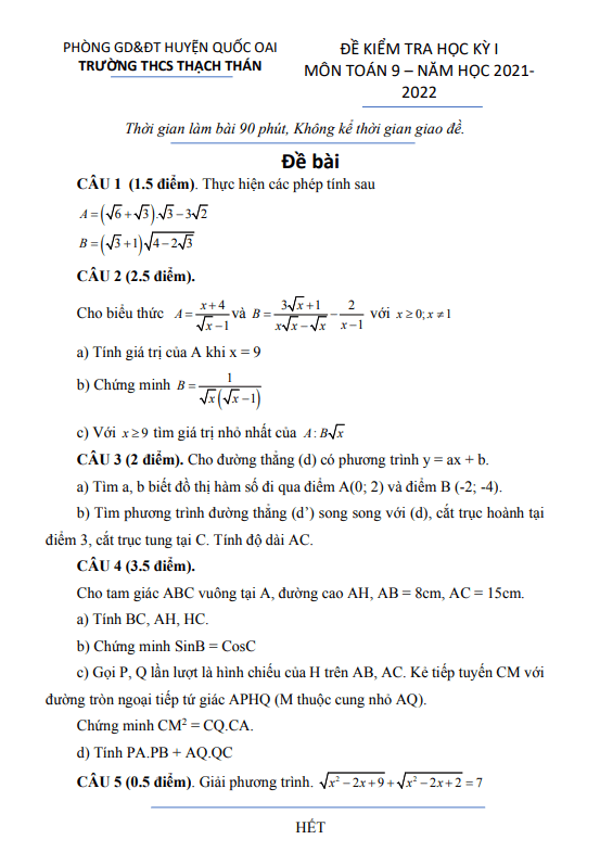 Đề thi học kì 1 (HK1) lớp 9 môn Toán năm 2021 2022 trường THCS Thạch Thán Hà Nội