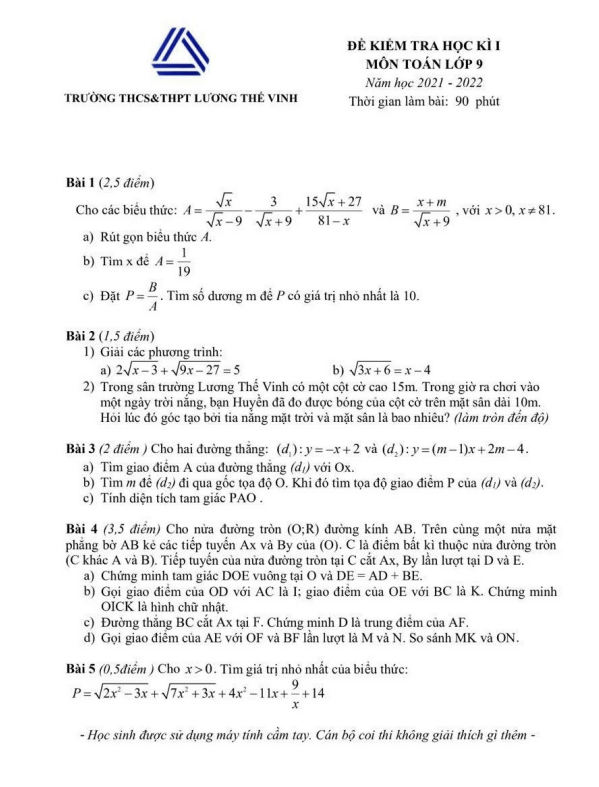 Đề thi học kì 1 (HK1) lớp 9 môn Toán năm 2021 2022 trường THCS THPT Lương Thế Vinh Hà Nội