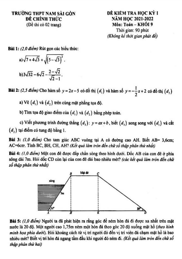 Đề thi học kì 1 (HK1) lớp 9 môn Toán năm 2021 2022 trường THPT Nam Sài Gòn TP HCM