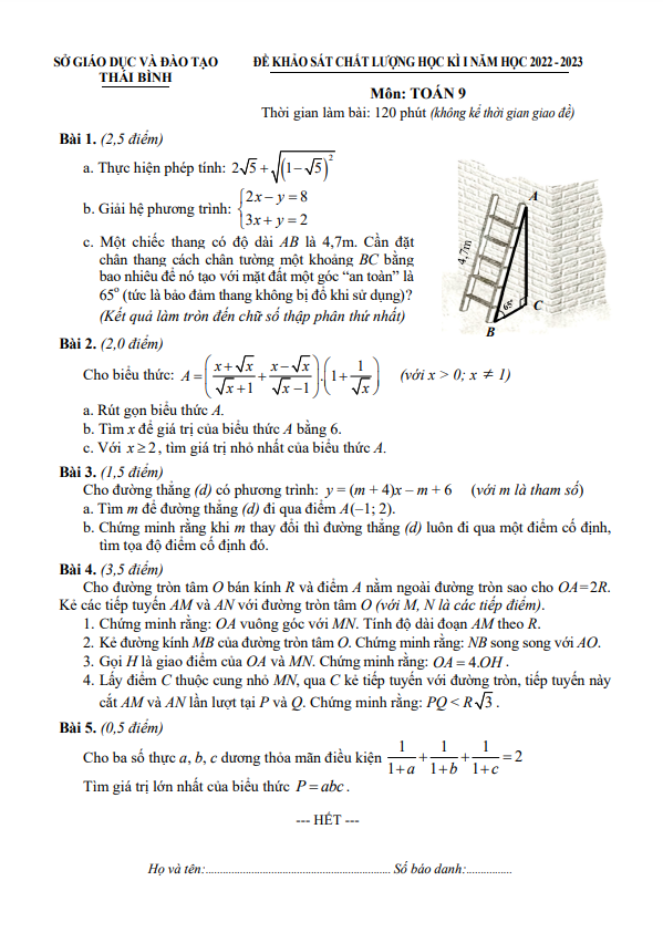 Đề thi học kì 1 (HK1) lớp 9 môn Toán năm 2022 2023 sở GD ĐT Thái Bình