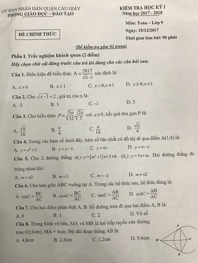 Đề thi học kì 1 (HK1) lớp 9 môn Toán năm học 2017 2018 phòng GD và ĐT Cầu Giấy Hà Nội
