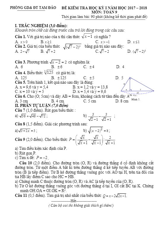 Đề thi học kì 1 (HK1) lớp 9 môn Toán năm học 2017 2018 phòng GD và ĐT Tam Đảo Vĩnh Phúc