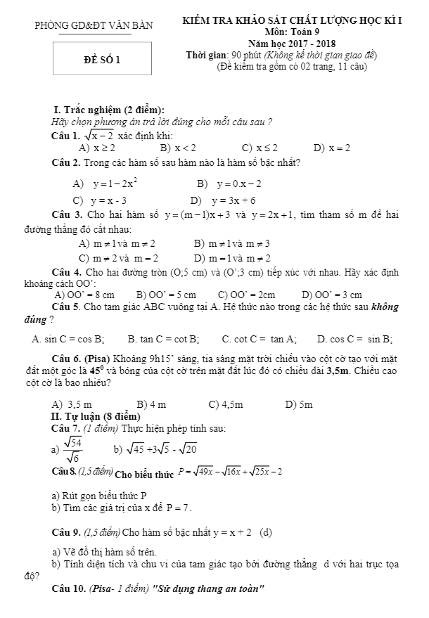 Đề thi học kì 1 (HK1) lớp 9 môn Toán năm học 2017 2018 phòng Giáo dục và Đào tạo Văn Bàn Lào Cai