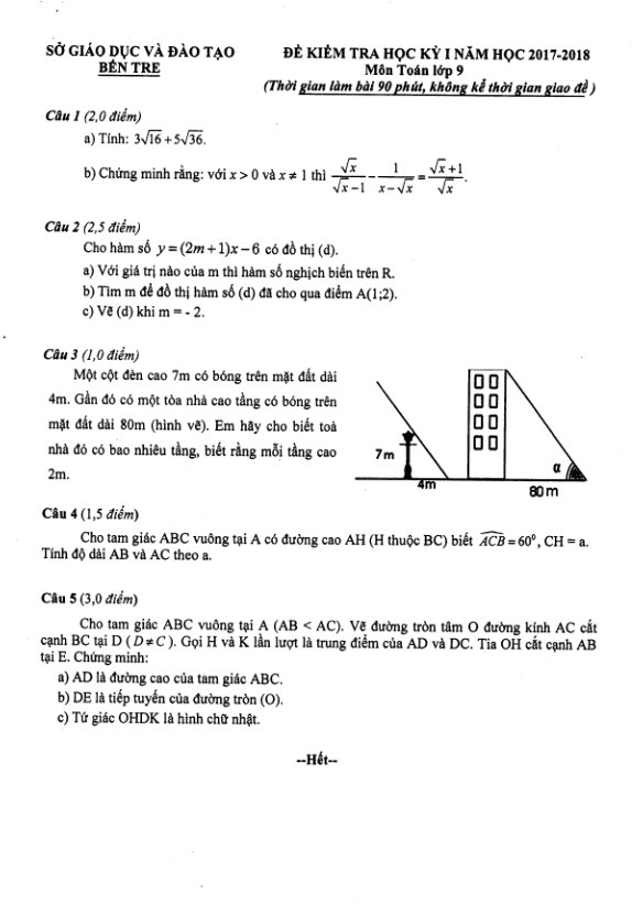 Đề thi học kì 1 (HK1) lớp 9 môn Toán năm học 2017 2018 sở GD và ĐT Bến Tre