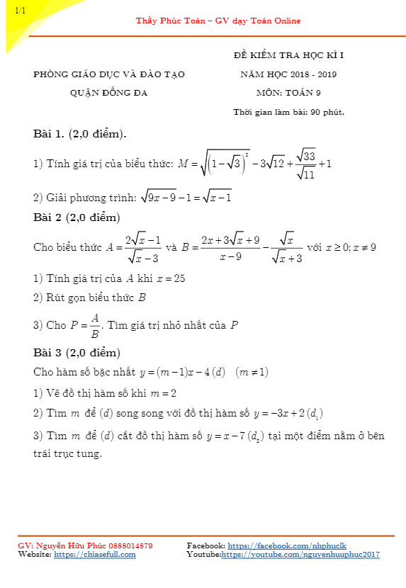 Đề thi học kì 1 (HK1) lớp 9 môn Toán năm học 2018 2019 phòng GD ĐT Đống Đa Hà Nội