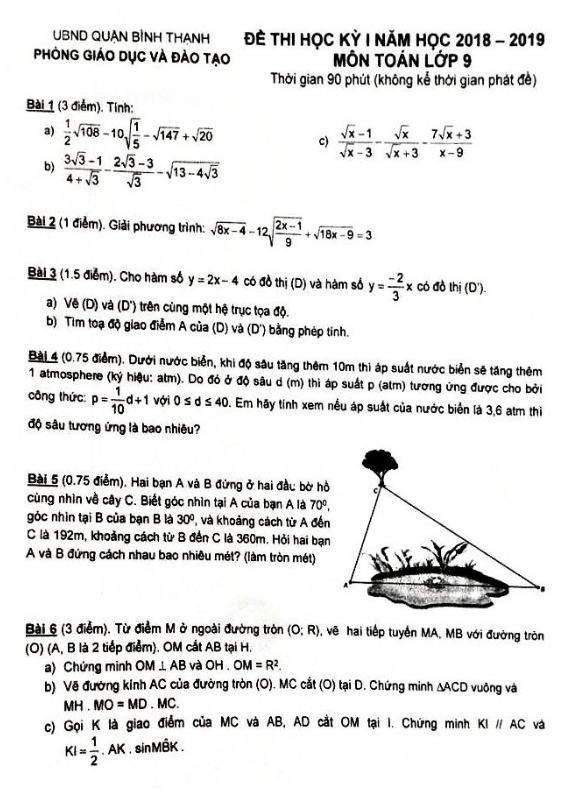 Đề thi học kì 1 (HK1) lớp 9 môn Toán năm học 2018 2019 phòng GD và ĐT Bình Thạnh TP. HCM