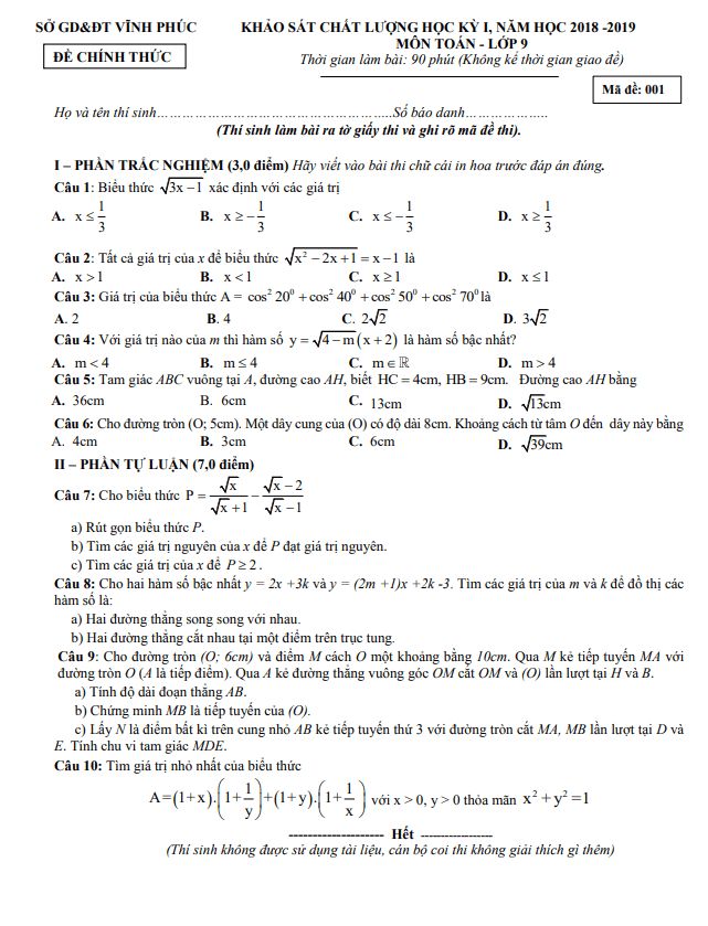 Đề thi học kì 1 (HK1) lớp 9 môn Toán năm học 2018 2019 sở GD ĐT Vĩnh Phúc