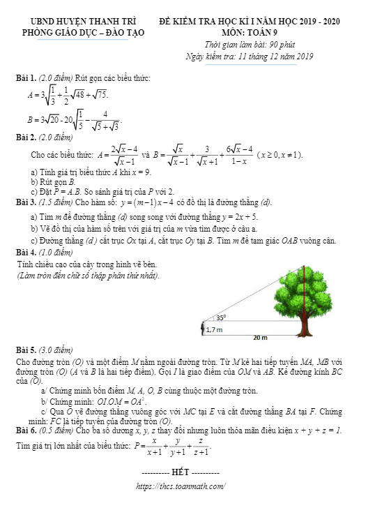 Đề thi học kì 1 (HK1) lớp 9 môn Toán năm học 2019 2020 phòng GD ĐT Thanh Trì Hà Nội