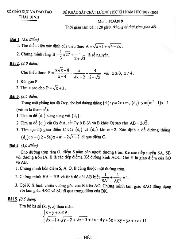 Đề thi học kì 1 (HK1) lớp 9 môn Toán năm học 2019 2020 sở GD ĐT Thái Bình