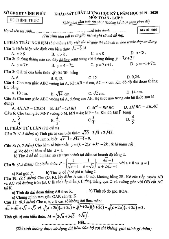 Đề thi học kì 1 (HK1) lớp 9 môn Toán năm học 2019 2020 sở GD ĐT Vĩnh Phúc