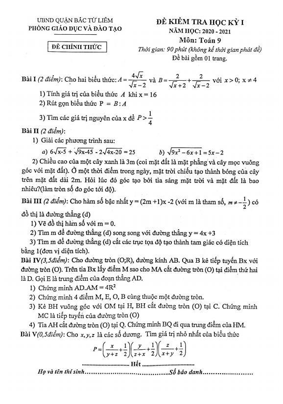 Đề thi học kì 1 (HK1) lớp 9 môn Toán năm học 2020 2021 phòng GD ĐT Bắc Từ Liêm Hà Nội