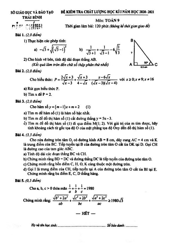Đề thi học kì 1 (HK1) lớp 9 môn Toán năm học 2020 2021 sở GD ĐT Thái Bình