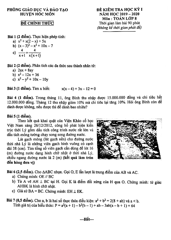 Đề thi học kì 1 (HK1) Toán 8 năm 2019 2020 phòng GD ĐT Hóc Môn TP HCM