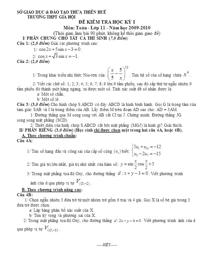Đề thi học kì 1 (HK1) trường THPT Gia Hội Huế 2009 2010