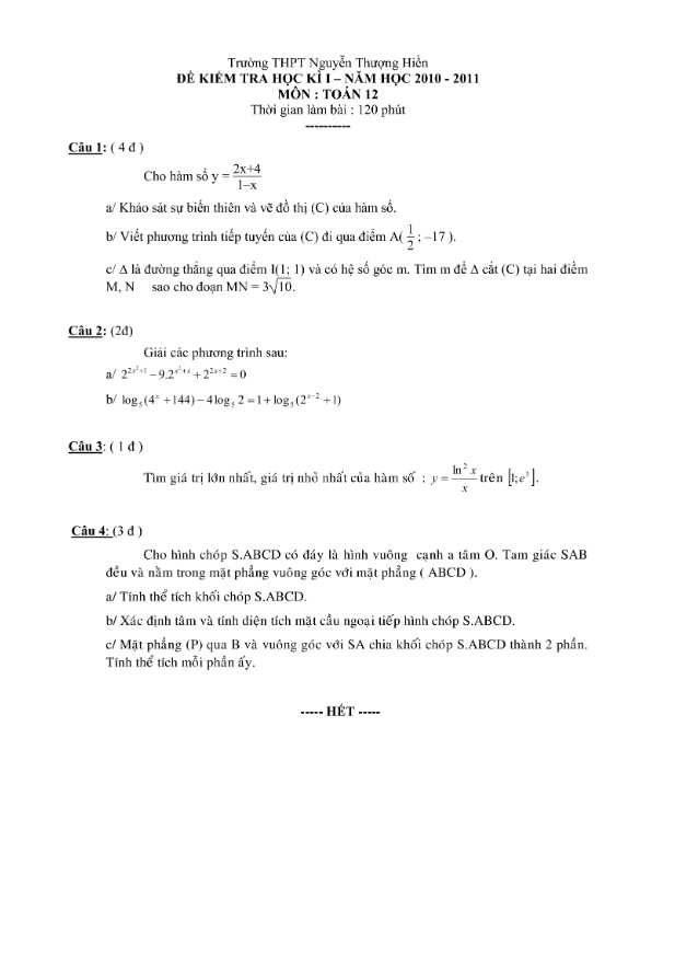 Đề thi học kì 1 (HK1) trường THPT Nguyễn Thượng Hiền TP. HCM 2010 2011