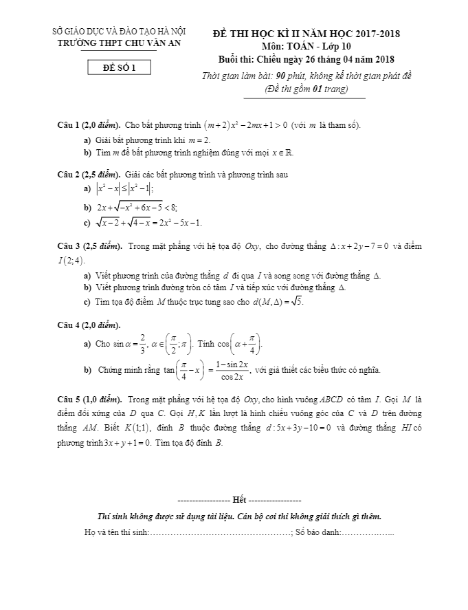 Đề thi học kì 2 (HK2) lớp 10 môn Toán năm 2017 2018 trường THPT Chu Văn An Hà Nội