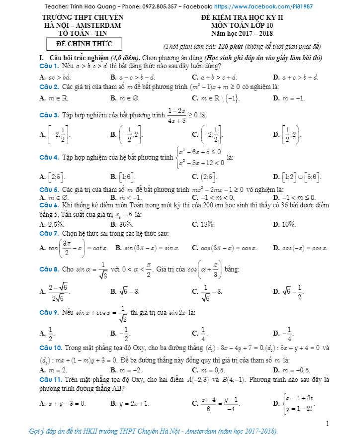 Đề thi học kì 2 (HK2) lớp 10 môn Toán năm 2017 2018 trường THPT chuyên Hà Nội Amsterdam