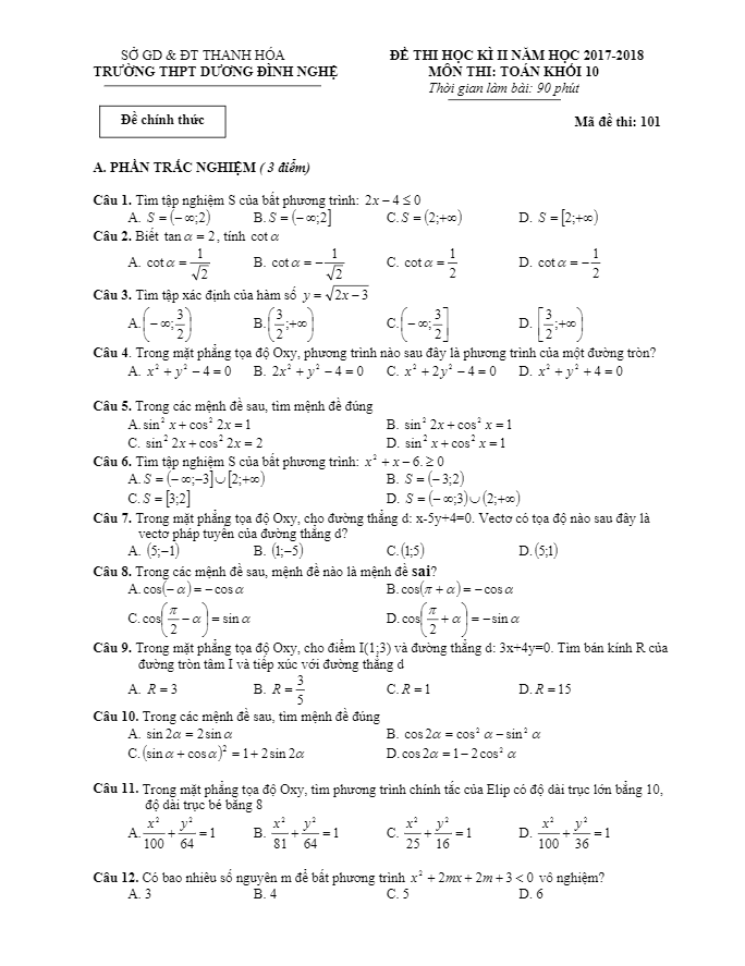 Đề thi học kì 2 (HK2) lớp 10 môn Toán năm 2017 2018 trường THPT Dương Đình Nghệ Thanh Hóa