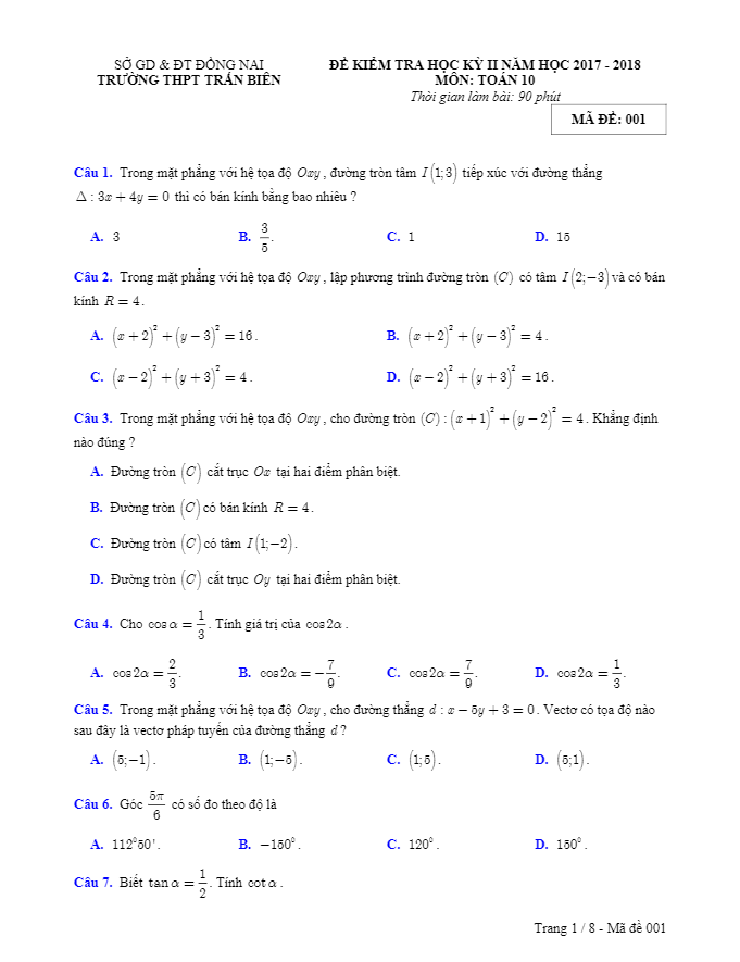 Đề thi học kì 2 (HK2) lớp 10 môn Toán năm 2017 2018 trường THPT Trấn Biên Đồng Nai