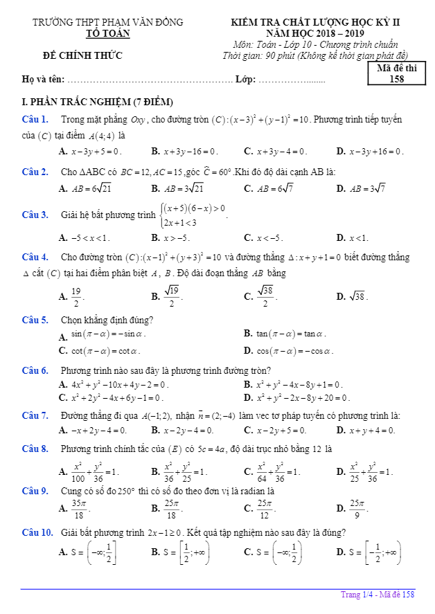 Đề thi học kì 2 (HK2) lớp 10 môn Toán năm 2018 2019 trường Phạm Văn Đồng Quảng Ngãi