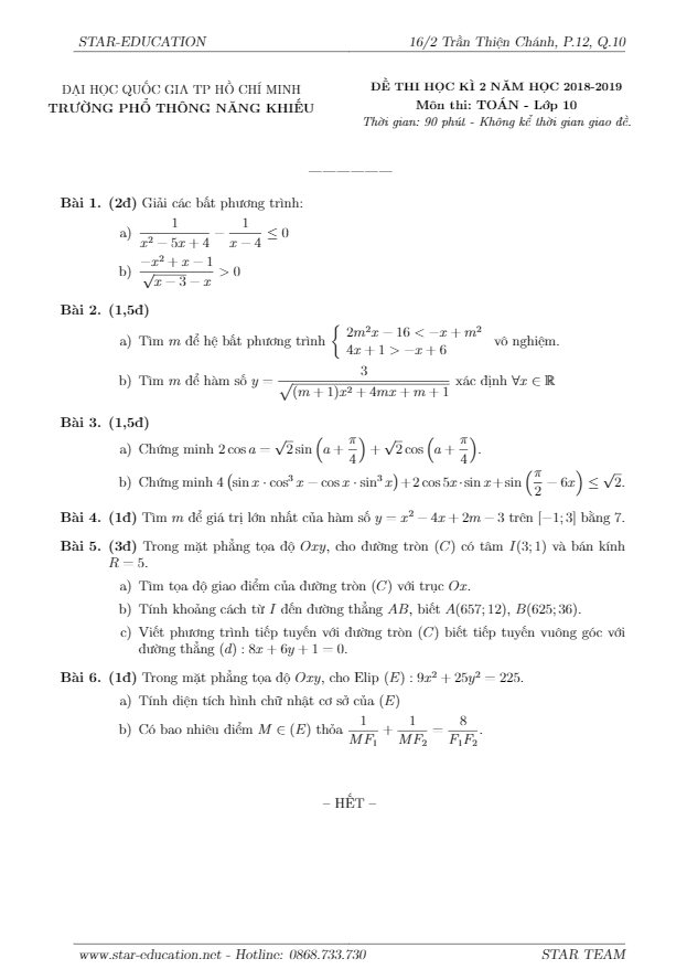 Đề thi học kì 2 (HK2) lớp 10 môn Toán năm 2018 2019 trường Phổ thông Năng khiếu TP HCM