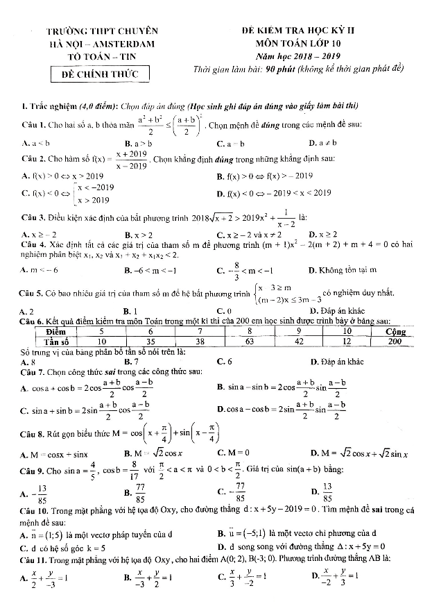 Đề thi học kì 2 (HK2) lớp 10 môn Toán năm 2018 2019 trường THPT chuyên Hà Nội Amsterdam
