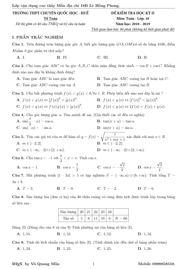 Đề thi học kì 2 (HK2) lớp 10 môn Toán năm 2018 2019 trường THPT chuyên Quốc học Huế