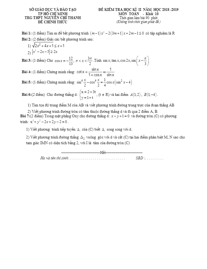 Đề thi học kì 2 (HK2) lớp 10 môn Toán năm 2018 2019 trường THPT Nguyễn Chí Thanh TP HCM