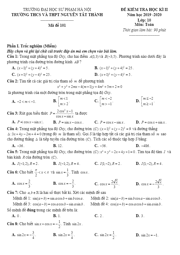 Đề thi học kì 2 (HK2) lớp 10 môn Toán năm 2019 2020 trường Nguyễn Tất Thành Hà Nội